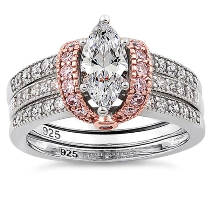 Sterling Silver Two-tone Rose Gold Plated Clear Marquise CZ Set Ring