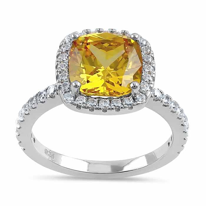 Sterling Silver Cushion Cut Yellow and Clear CZ Ring