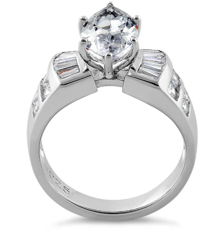 Sterling Silver Unique Marquise Cut Engagement CZ Ring