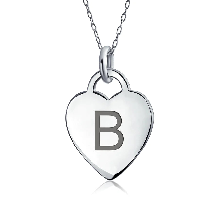 Sterling Silver Block Alphabet Initial Heart Pendant Necklace