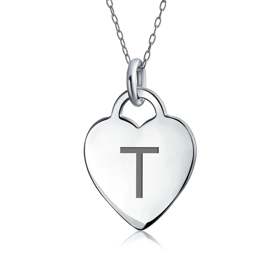 Sterling Silver Block Alphabet Initial Heart Pendant Necklace