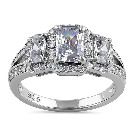 Sterling Silver Triple Rectangular Halo Clear CZ Engagement Ring