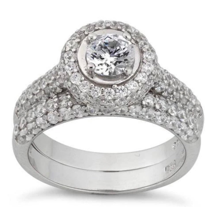 Sterling Silver Halo Round CZ Engagement Set Ring