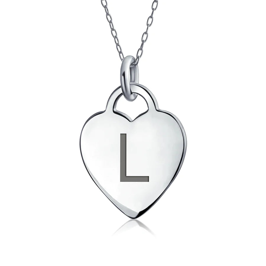 Sterling Silver Block Alphabet Initial Heart Pendant Necklace