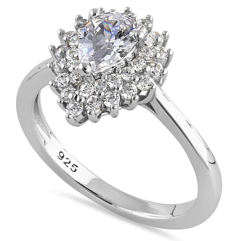 Sterling Silver Elegant Pear Halo Round Cut Clear CZ Engagement Ring