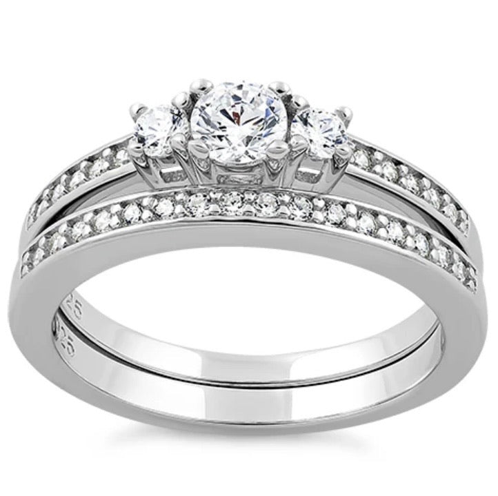 Sterling Silver 3 Stones Engagement Set Ring