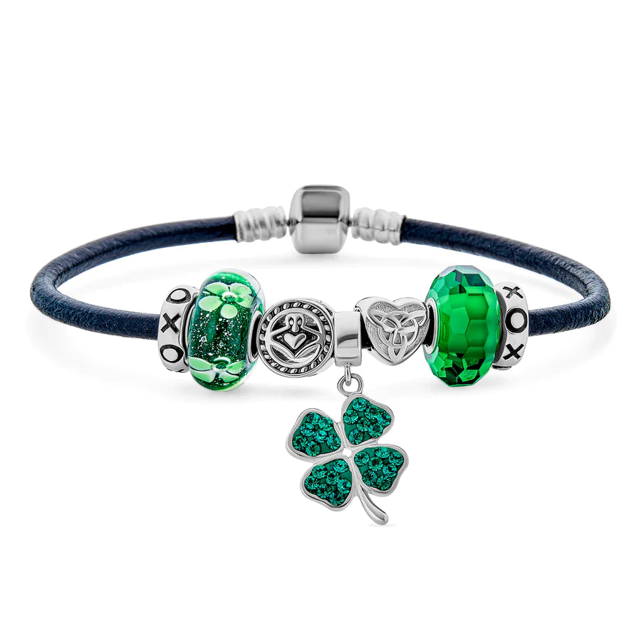 Leather Shamrock Claddagh Charm Bracelet