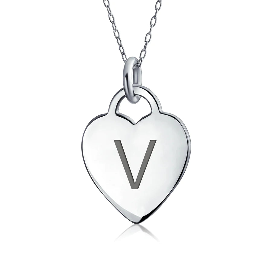 Sterling Silver Block Alphabet Initial Heart Pendant Necklace