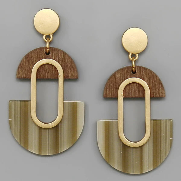 Wooden And Acetate Half Disc Drop Earrings