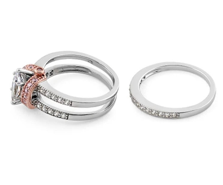 Sterling Silver Two-tone Rose Gold Plated Clear Marquise CZ Set Ring