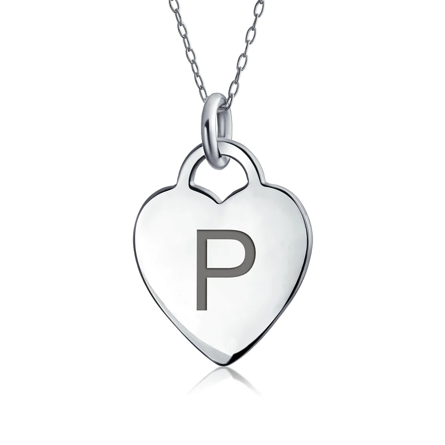 Sterling Silver Block Alphabet Initial Heart Pendant Necklace