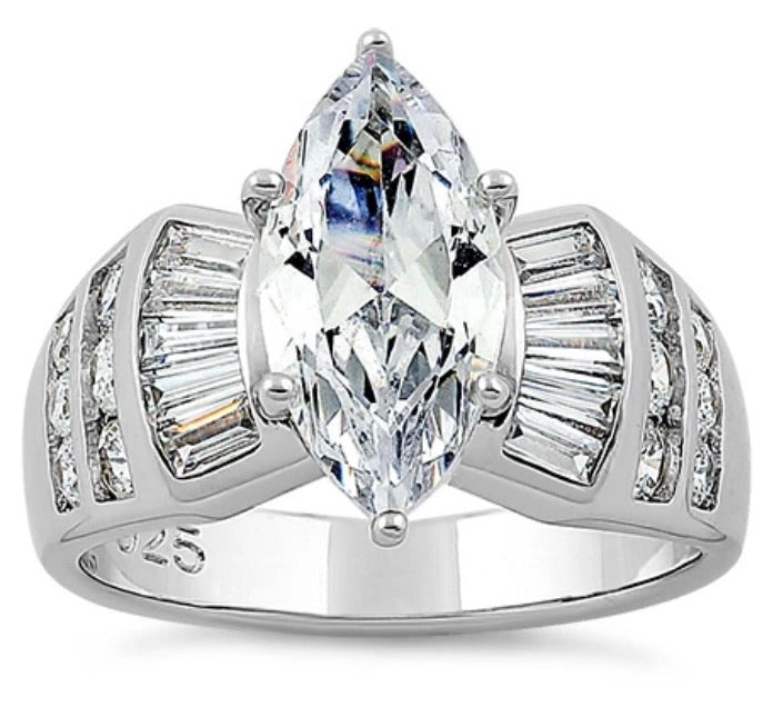 Sterling Silver Unique Marquise Cut Engagement CZ Ring