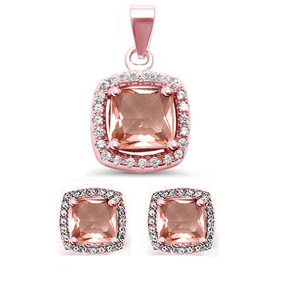 3.50ct Princess Cut Morganite & CZ .925 Sterling Silver Earrings & Pendant Set