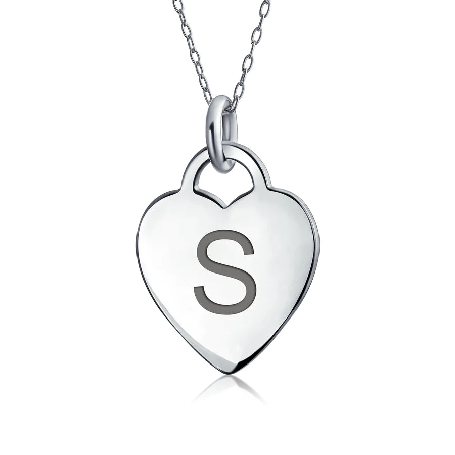 Sterling Silver Block Alphabet Initial Heart Pendant Necklace