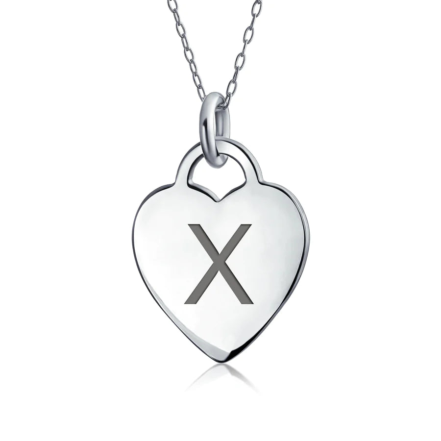 Sterling Silver Block Alphabet Initial Heart Pendant Necklace