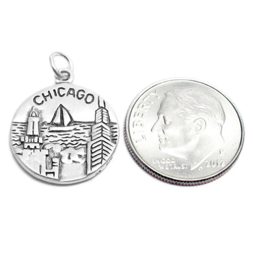 "Chicago" IL 2-Sided Charm with Euro Bead. Sterling Silver