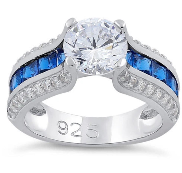 Sterling Silver Round & Princes Cut Clear & Blue Spinel CZ Ring