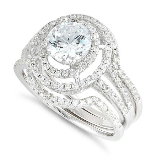 Sterling Silver Double Halo Round CZ Set Ring