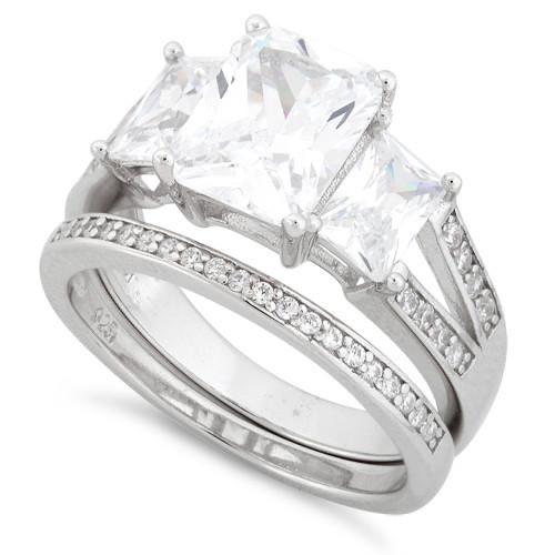 Sterling Silver Triple Square CZ Engagement Set Ring