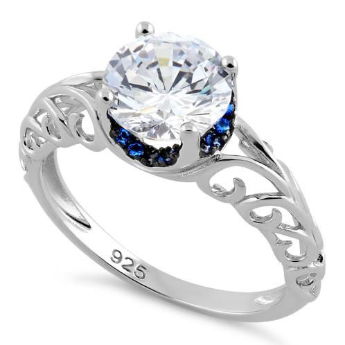 Sterling Silver Swirl Design Clear and Blue CZ Ring