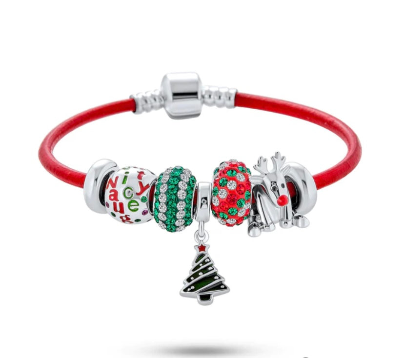 Red Leather Merry Christmas Tree Charm Multi Bracelet