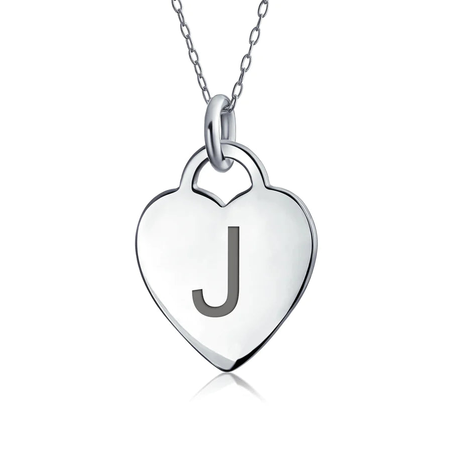 Sterling Silver Block Alphabet Initial Heart Pendant Necklace