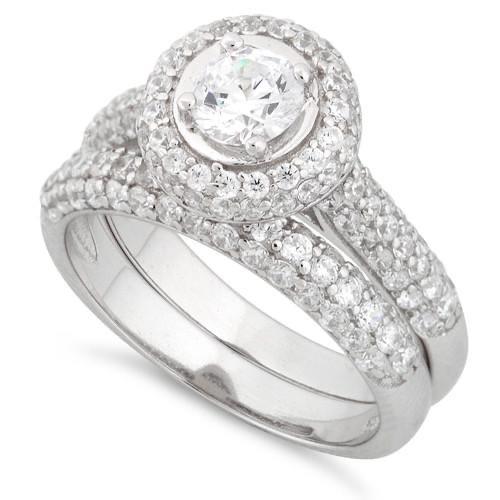 Sterling Silver Halo Round CZ Engagement Set Ring