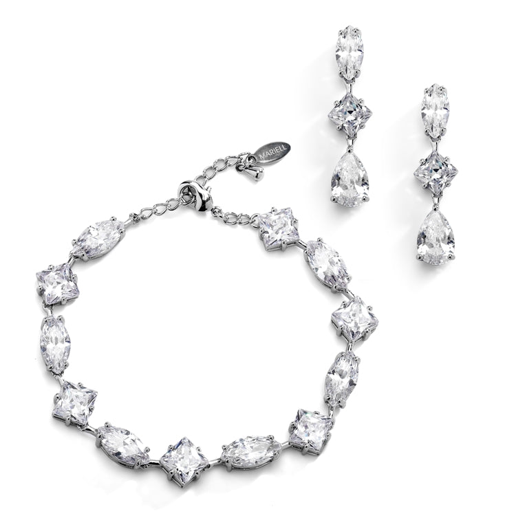 Elegant Cubic Zirconia Multi-Shape Bridal Bracelet and Earrings Set in Rhodium