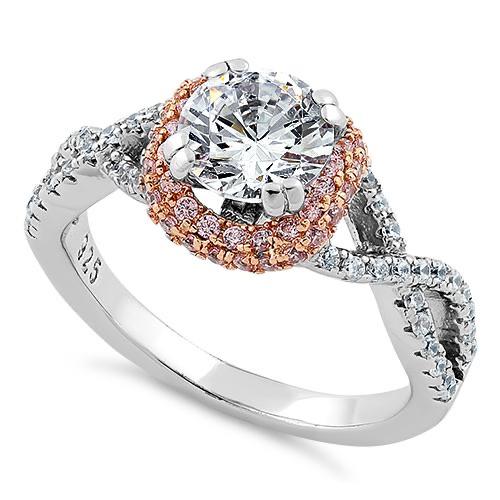 Sterling Silver Twisted Two Tone Rose Gold Plated Clear CZ Ring