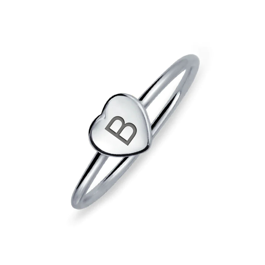 Sterling Silver Letter Block Alphabet Initial Heart Monogram Signet Ring