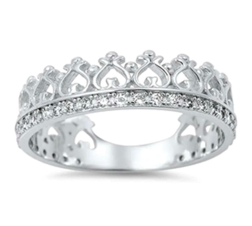 Sterling Silver Cubic Zirconia Crown Eternity Band Ring