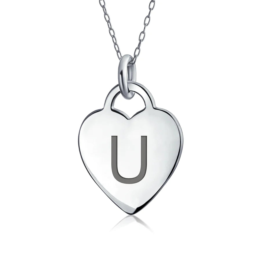 Sterling Silver Block Alphabet Initial Heart Pendant Necklace