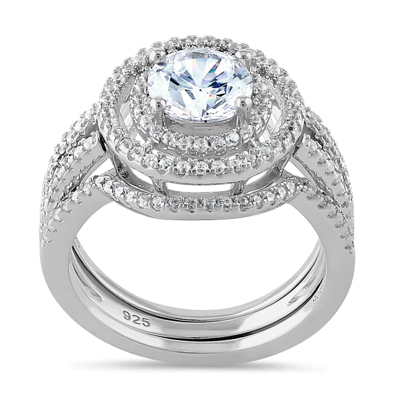 Sterling Silver Double Halo Round CZ Set Ring