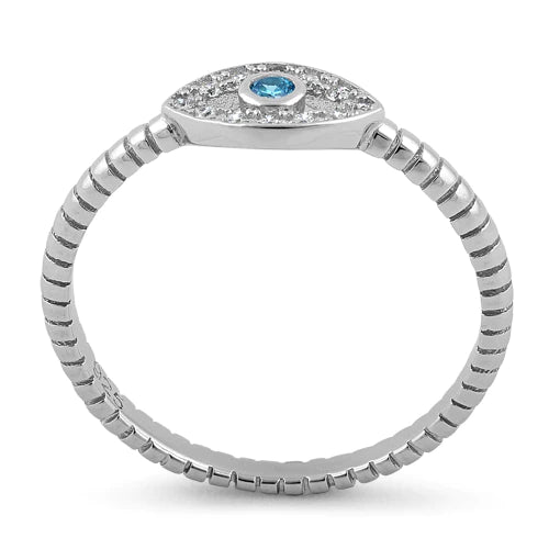 Sterling Silver Aqua Blue Stone Evil Eye CZ Ring