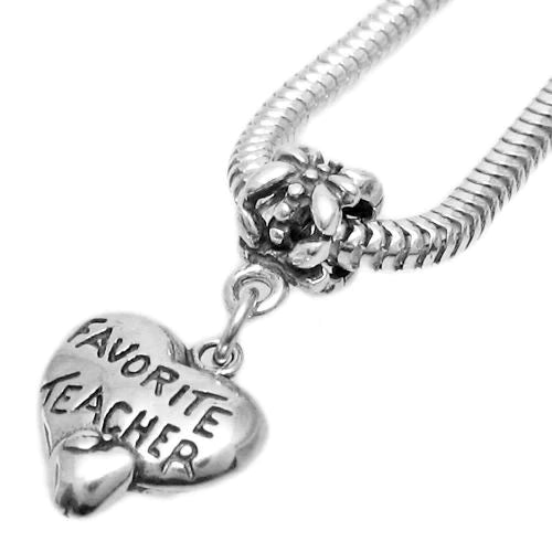 "Favorite Teacher" on Heart & Apple Charm with Euro Bead