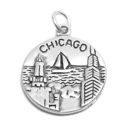 "Chicago" IL 2-Sided Charm with Euro Bead. Sterling Silver