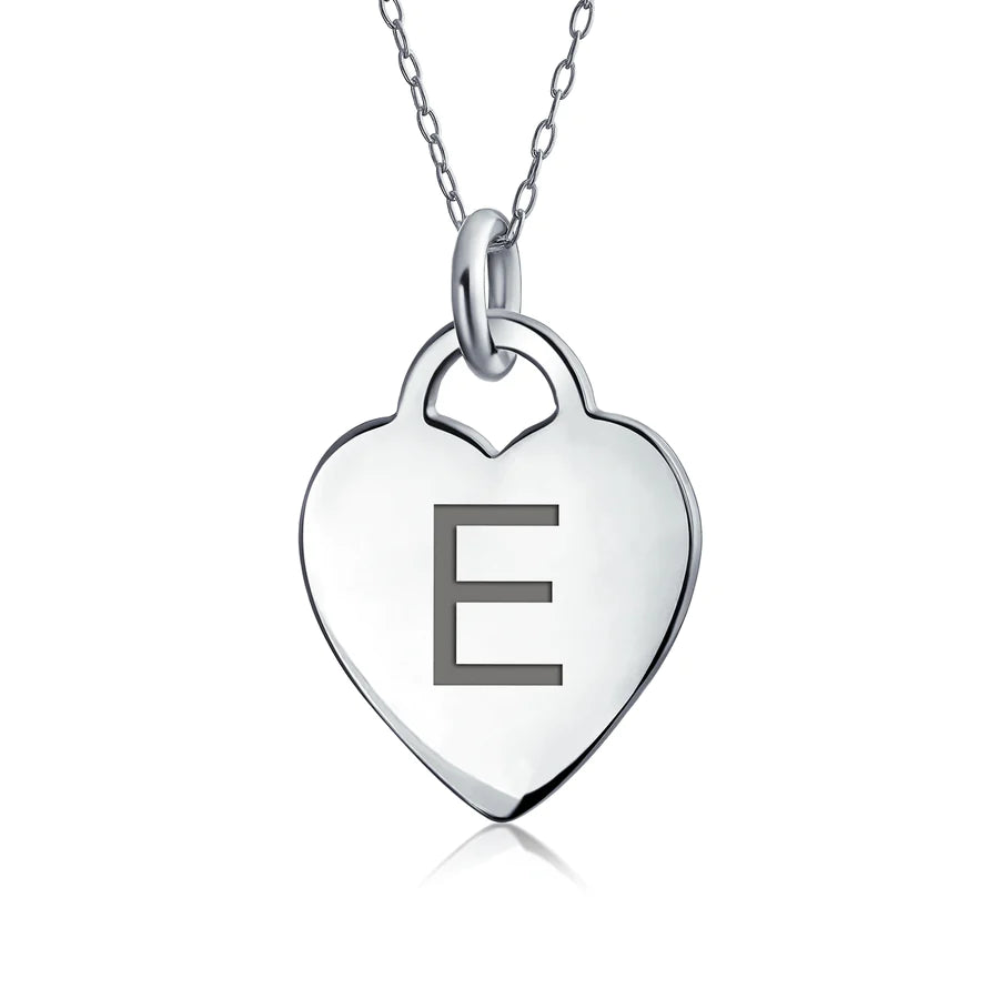 Sterling Silver Block Alphabet Initial Heart Pendant Necklace