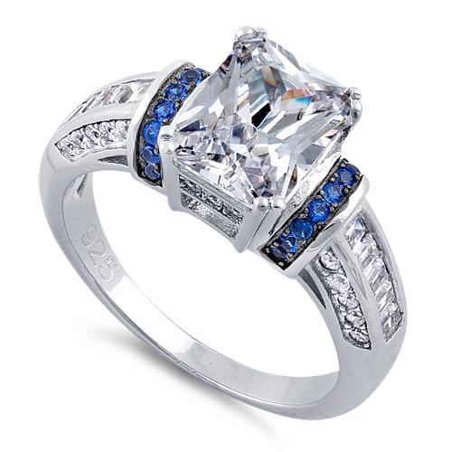 Sterling Silver Clear Emerald Cut Blue CZ Ring