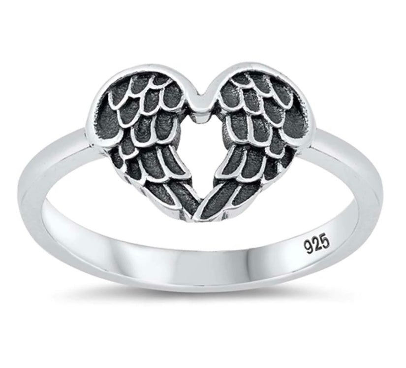 Sterling Silver Oxidized Heart Wings Ring