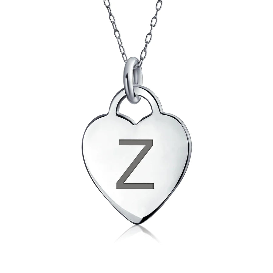 Sterling Silver Block Alphabet Initial Heart Pendant Necklace