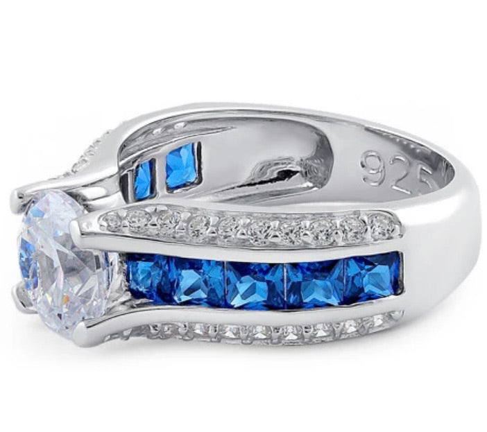 Sterling Silver Round & Princes Cut Clear & Blue Spinel CZ Ring