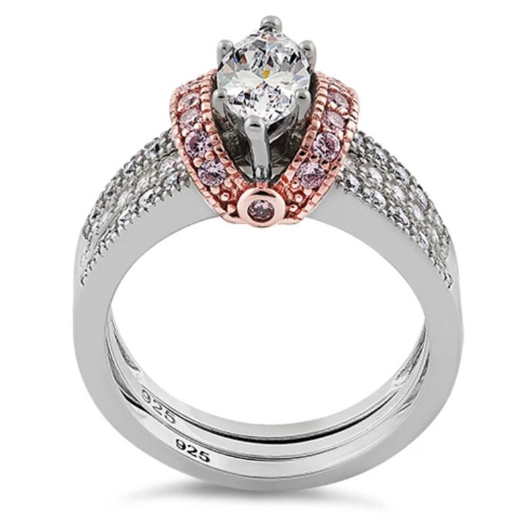 Sterling Silver Two-tone Rose Gold Plated Clear Marquise CZ Set Ring