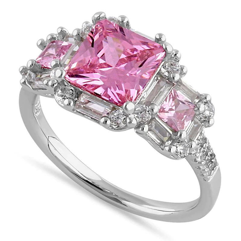 Sterling Silver Classic Princess, Emerald & Round Cut with Pink & Clear CZ Ring