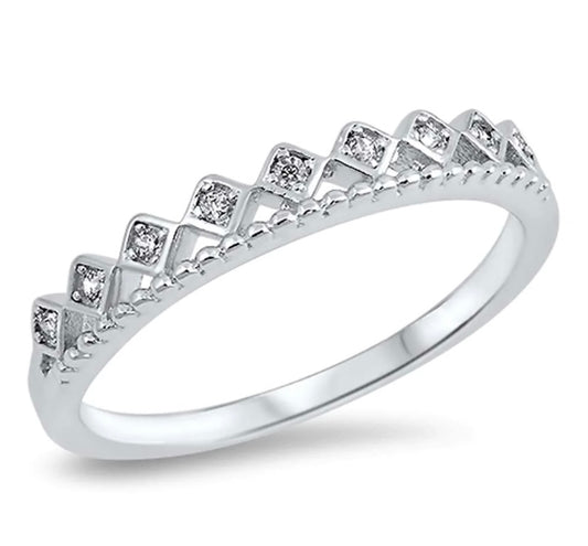 Sterling Silver Crown Ring with Clear CZ Stones