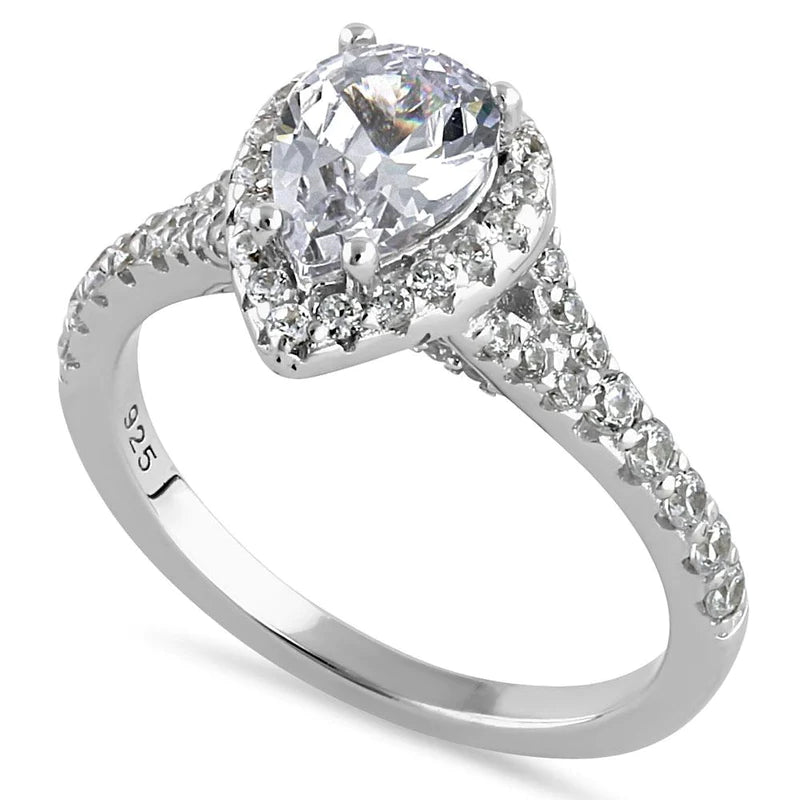 Sterling Silver Elegant Victorian Pear Cut Halo Clear CZ Engagement Ring