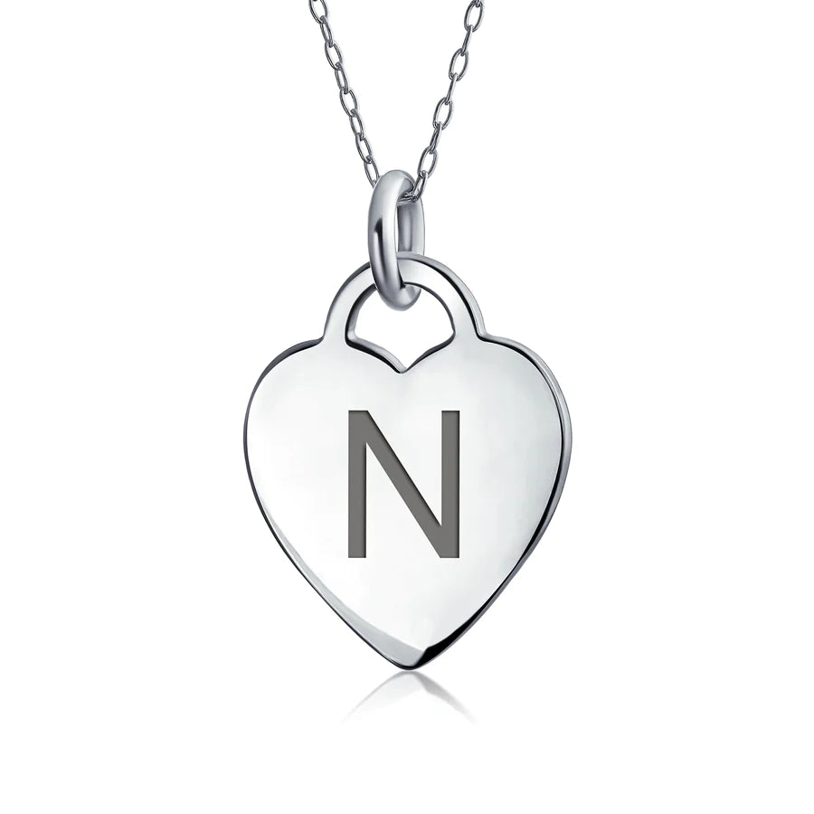 Sterling Silver Block Alphabet Initial Heart Pendant Necklace