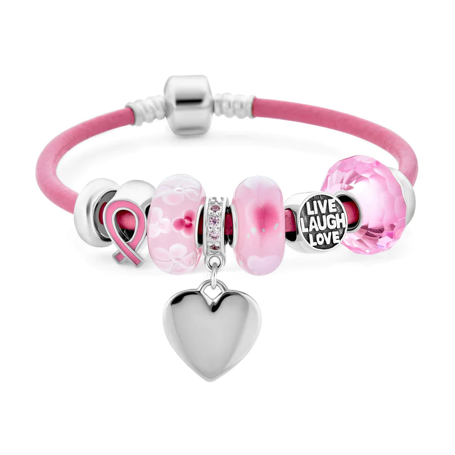 Leather Pink Breast Cancer Survivor Charm Bracelet