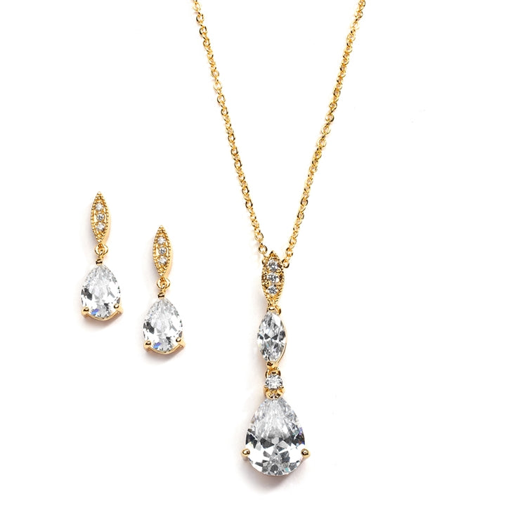 Bridal Necklace Set with Pave Top & Cubic Zirconia Pears