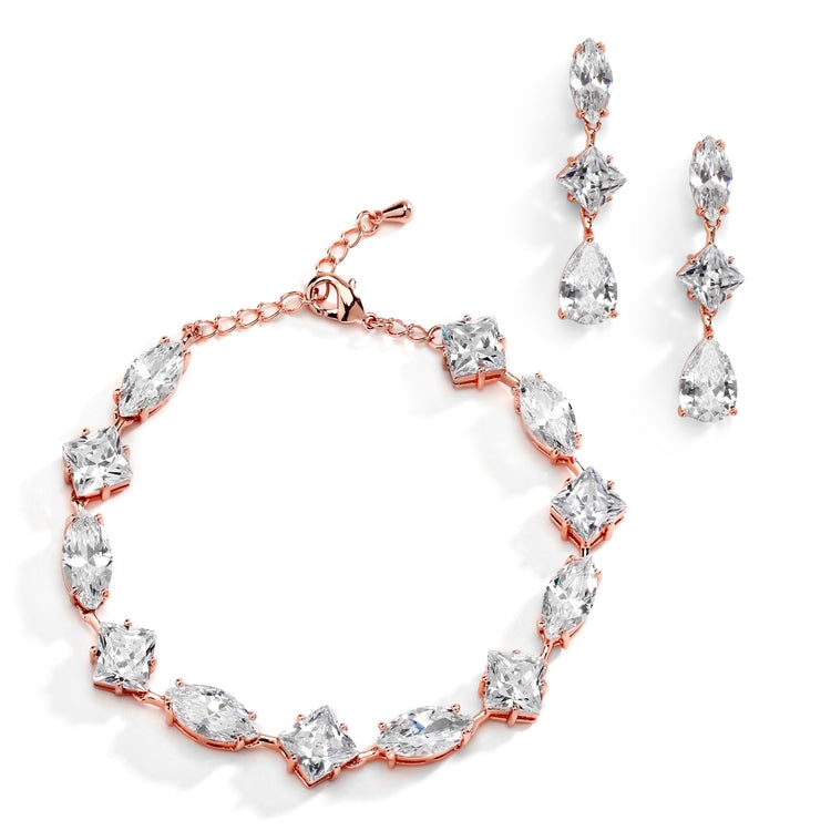 Elegant Cubic Zirconia Multi-Shape Bridal Bracelet and Earrings Set in 14K Rose Gold