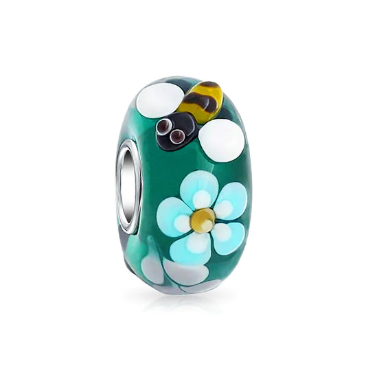 Teal Silver Bee Murano Glass Bead Charm